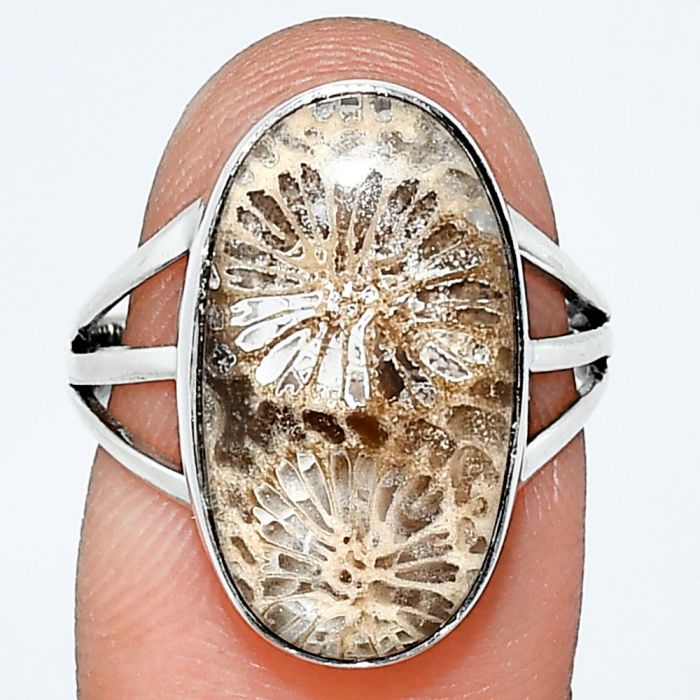 Flower Fossil Coral Ring size-7 EXR01762 R-1003, 11x19 mm