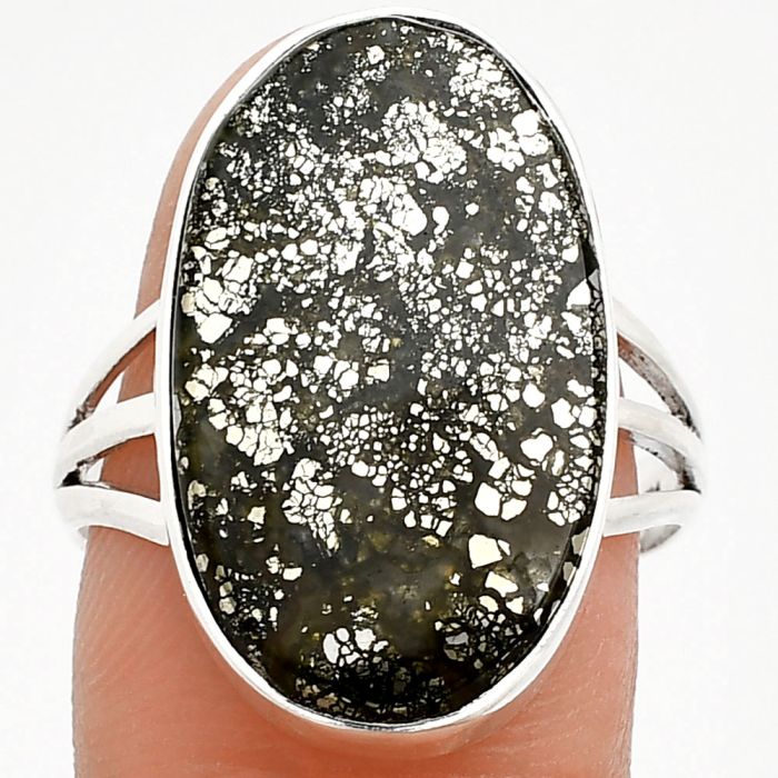 Nipomo Marcasite Agate Ring size-9 EXR01767 R-1003, 13x22 mm