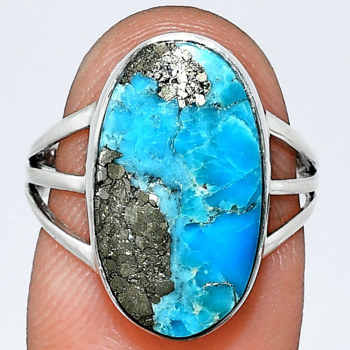 Kingman Turquoise With Pyrite Ring size-7 EXR01784 R-1003, 11x18 mm