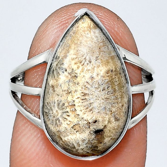 Flower Fossil Coral Ring size-7 EXR01809 R-1003, 11x18 mm