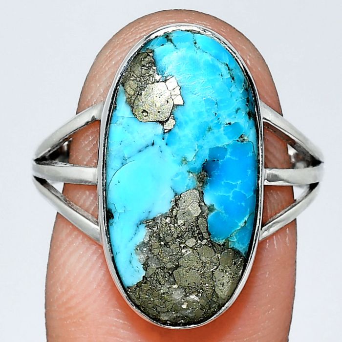 Kingman Turquoise With Pyrite Ring size-9 EXR01831 R-1003, 10x20 mm