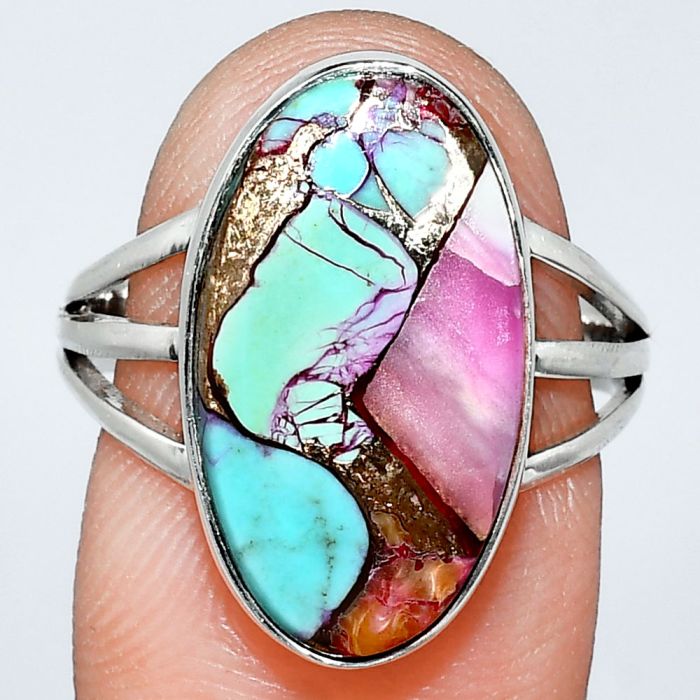 Kingman Pink Dahlia Turquoise Ring size-8 EXR01854 R-1003, 11x19 mm