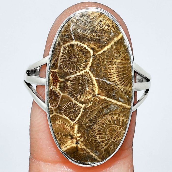 Flower Fossil Coral Ring size-10 EXR01881 R-1003, 14x25 mm