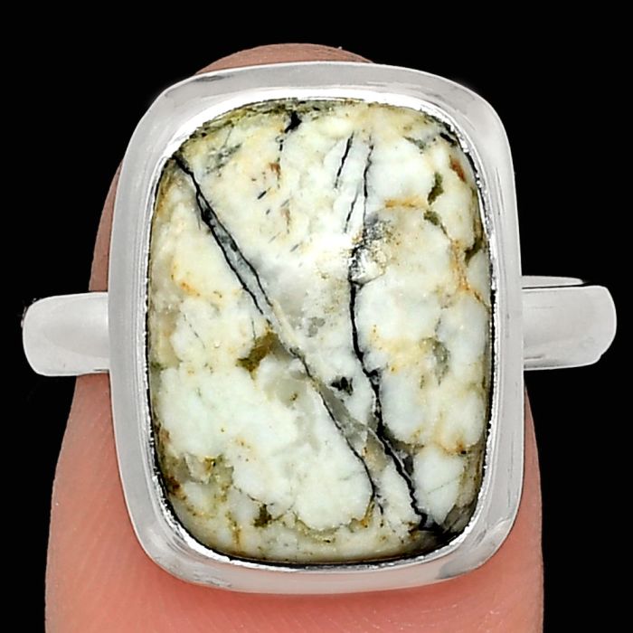 Authentic White Buffalo Turquoise Nevada Ring size-9 EXR02092 R-1007, 12x16 mm