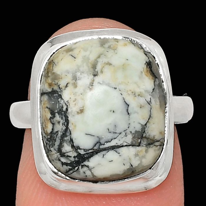 Authentic White Buffalo Turquoise Nevada Ring size-7 EXR02095 R-1007, 13x15 mm