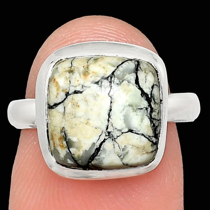 Authentic White Buffalo Turquoise Nevada Ring size-7 EXR02098 R-1007, 11x11 mm