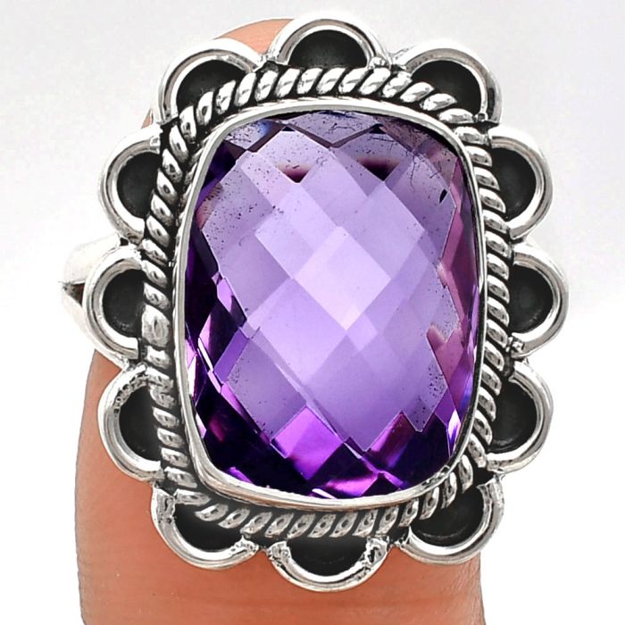 Amethyst Checker Briolette Ring size-9 EXR02115 R-1221, 11x15 mm