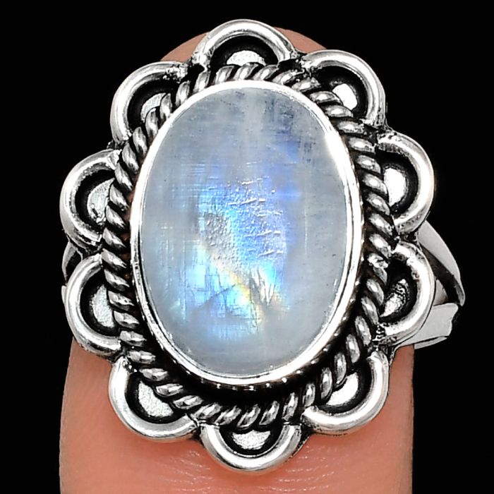 Rainbow Moonstone Ring size-8 EXR02134 R-1221, 10x14 mm