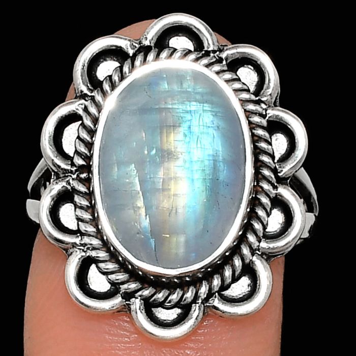 Rainbow Moonstone Ring size-8 EXR02136 R-1221, 10x14 mm