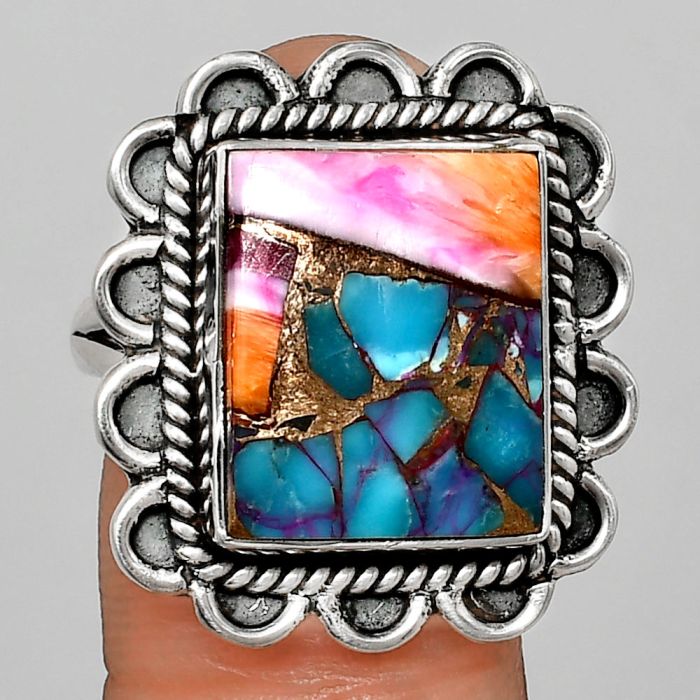 Kingman Orange Dahlia Turquoise Ring size-10 EXR02139 R-1221, 12x15 mm