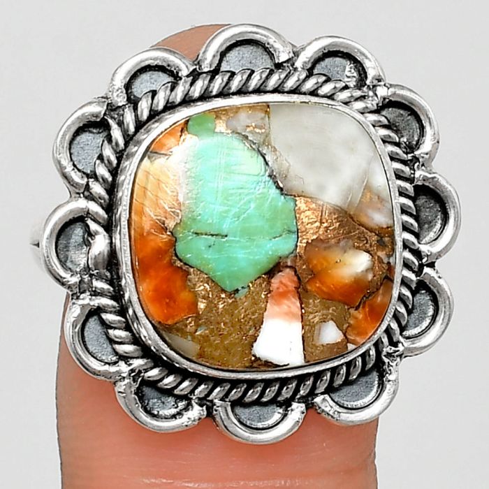 Spiny Oyster Turquoise Ring size-9 EXR02141 R-1221, 14x14 mm