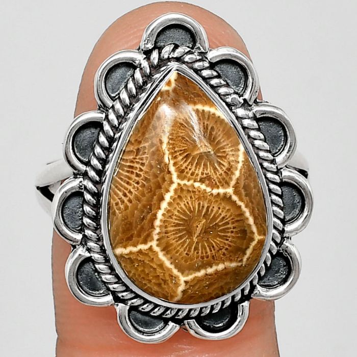 Flower Fossil Coral Ring size-10 EXR02143 R-1221, 12x17 mm