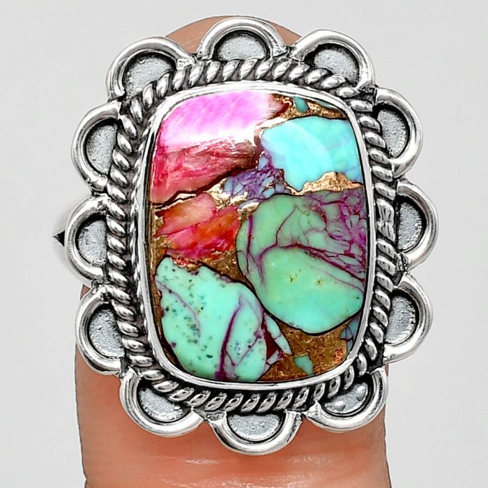 Kingman Pink Dahlia Turquoise Ring size-10 EXR02147 R-1221, 12x16 mm