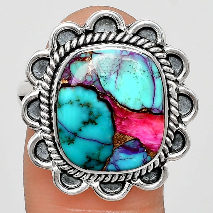 Kingman Pink Dahlia Turquoise Ring size-10 EXR02148 R-1221, 12x14 mm