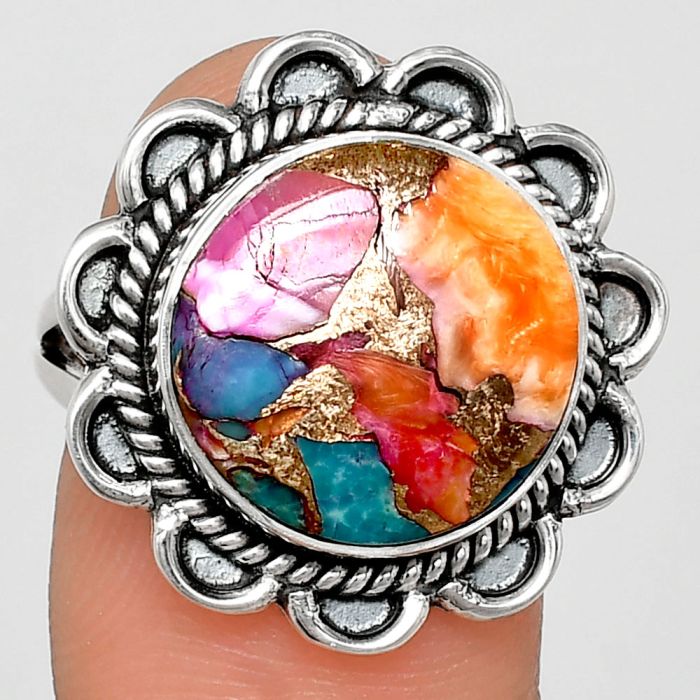 Kingman Orange Dahlia Turquoise Ring size-7 EXR02149 R-1221, 14x14 mm