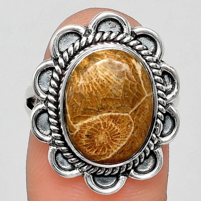 Flower Fossil Coral Ring size-7 EXR02150 R-1221, 11x14 mm