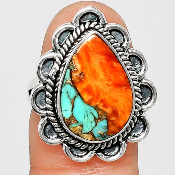 Kingman Orange Dahlia Turquoise Ring size-7 EXR02155 R-1221, 12x17 mm