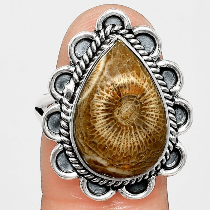 Flower Fossil Coral Ring size-9 EXR02158 R-1221, 12x18 mm