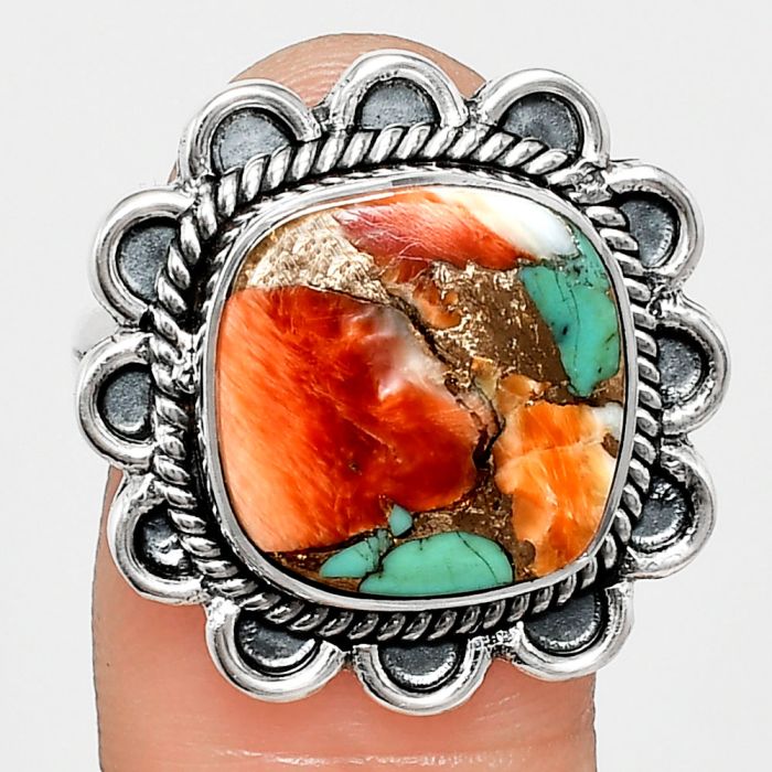 Spiny Oyster Turquoise Ring size-9 EXR02159 R-1221, 14x14 mm