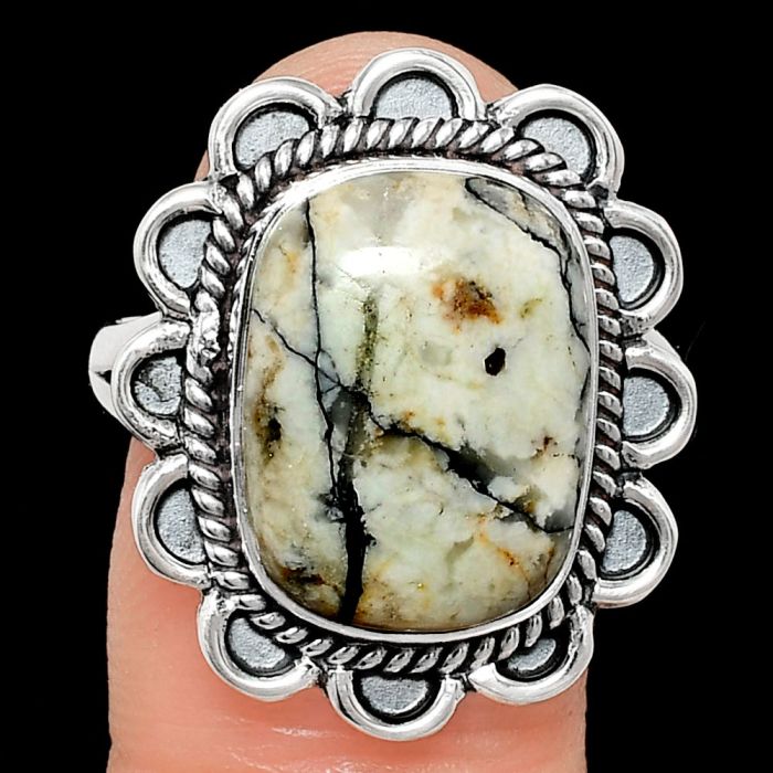 Authentic White Buffalo Turquoise Nevada Ring size-10 EXR02165 R-1221, 12x16 mm