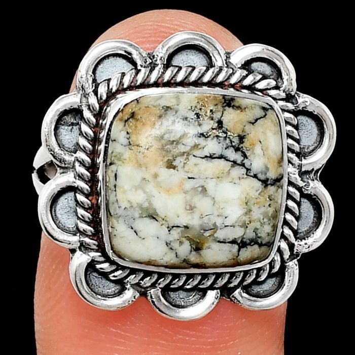 Authentic White Buffalo Turquoise Nevada Ring size-8 EXR02166 R-1221, 12x12 mm