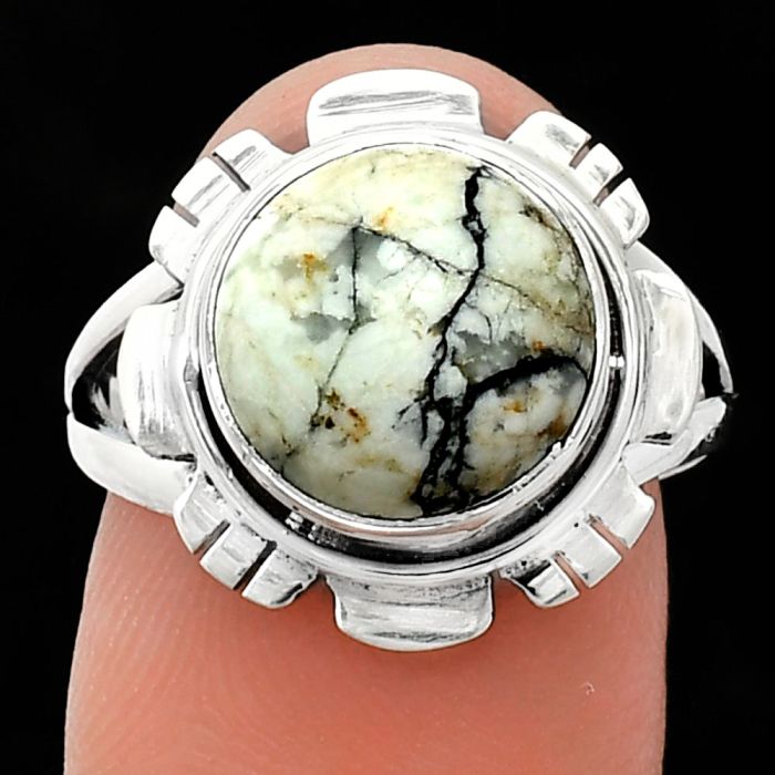 Authentic White Buffalo Turquoise Nevada Ring size-8 EXR02190 R-1342, 11x11 mm