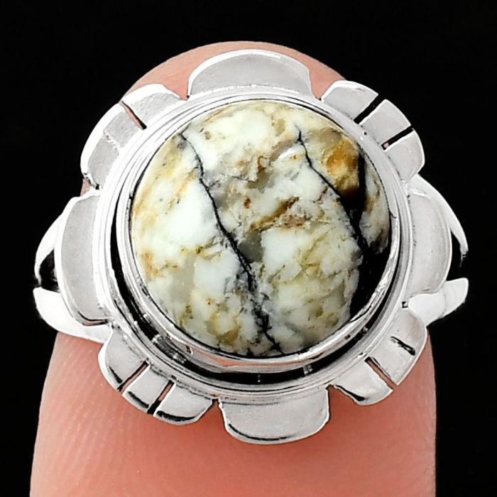 Authentic White Buffalo Turquoise Nevada Ring size-7 EXR02195 R-1342, 11x11 mm