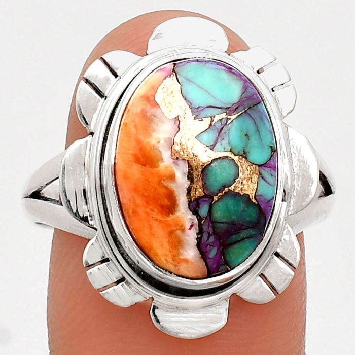 Kingman Orange Dahlia Turquoise Ring size-9.5 EXR02205 R-1342, 11x15 mm