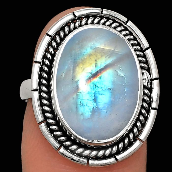 Rainbow Moonstone Ring size-7 EXR02276 R-1728, 12x16 mm