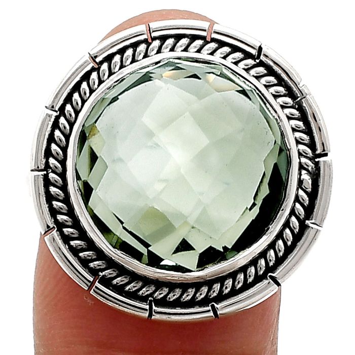 Prasiolite (Green Amethyst) Checker Briolette Ring size-10 EXR02307 R-1728, 15x15 mm