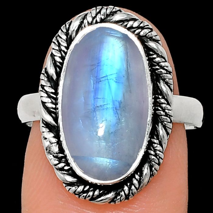 Rainbow Moonstone Ring size-8 EXR02347 R-1013, 9x16 mm