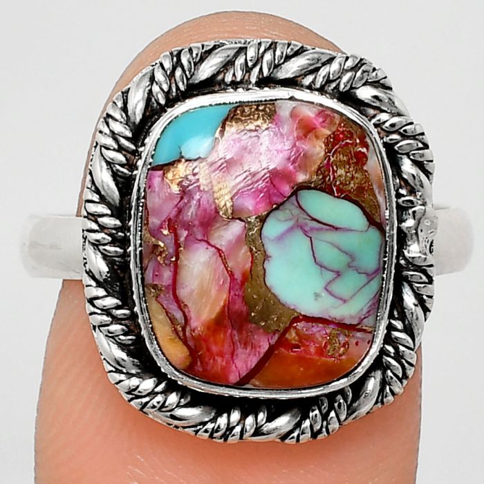 Kingman Pink Dahlia Turquoise Ring size-9 EXR02350 R-1013, 11x13 mm