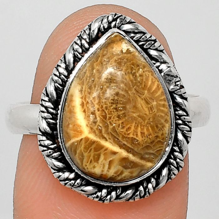 Flower Fossil Coral Ring size-9 EXR02354 R-1013, 10x14 mm