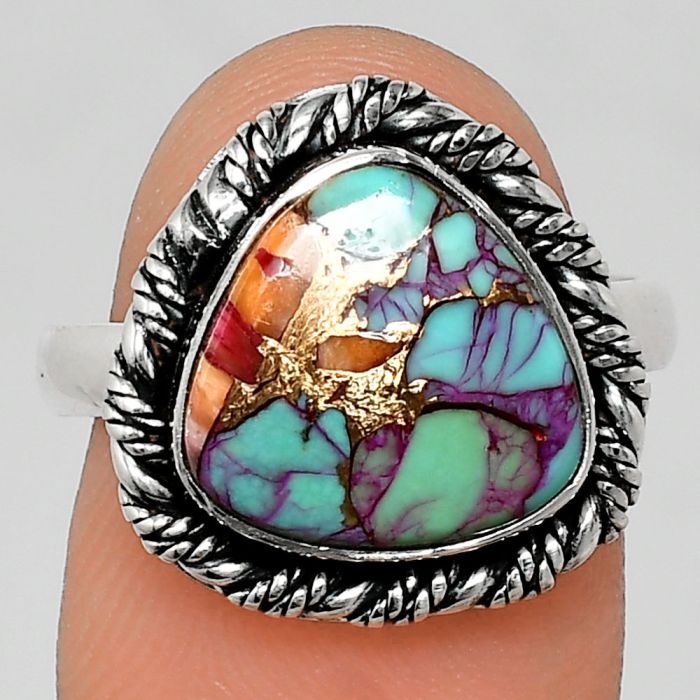 Kingman Orange Dahlia Turquoise Ring size-8 EXR02355 R-1013, 12x12 mm