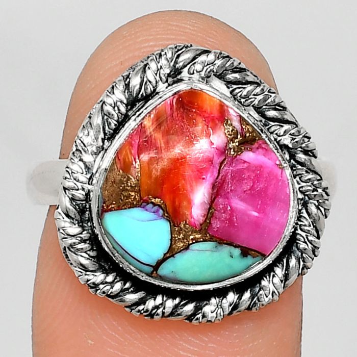 Kingman Pink Dahlia Turquoise Ring size-8 EXR02356 R-1013, 12x12 mm