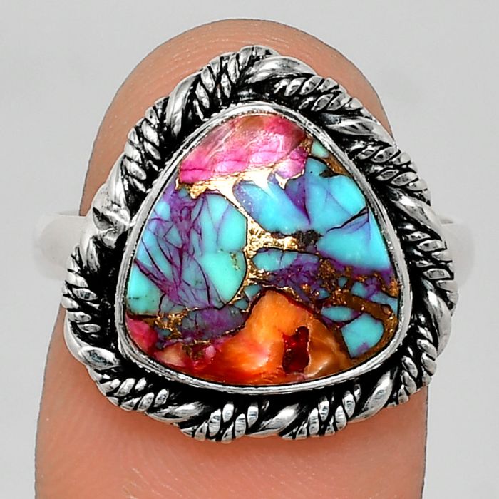 Kingman Orange Dahlia Turquoise Ring size-8 EXR02358 R-1013, 12x12 mm