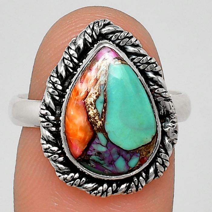 Kingman Orange Dahlia Turquoise Ring size-8 EXR02365 R-1013, 10x14 mm