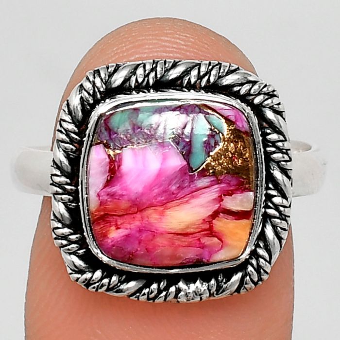 Kingman Pink Dahlia Turquoise Ring size-9 EXR02367 R-1013, 11x11 mm