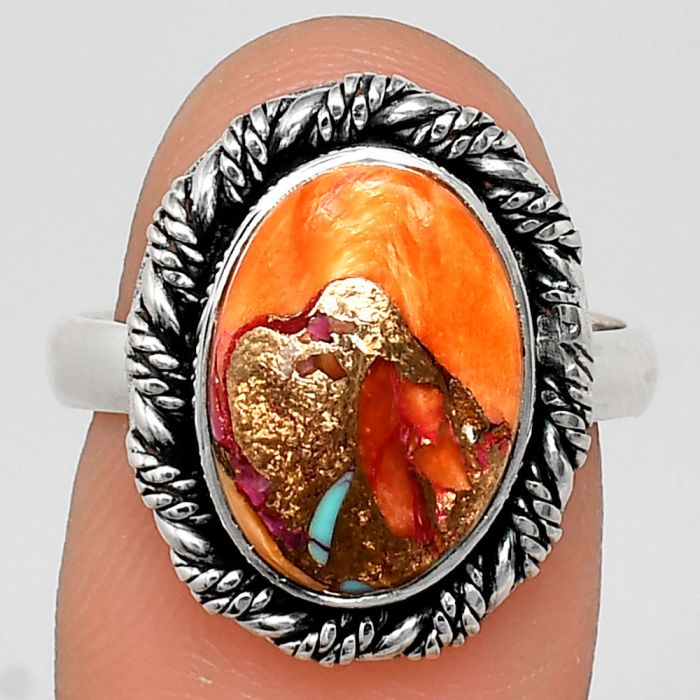 Kingman Orange Dahlia Turquoise Ring size-8 EXR02372 R-1013, 10x14 mm