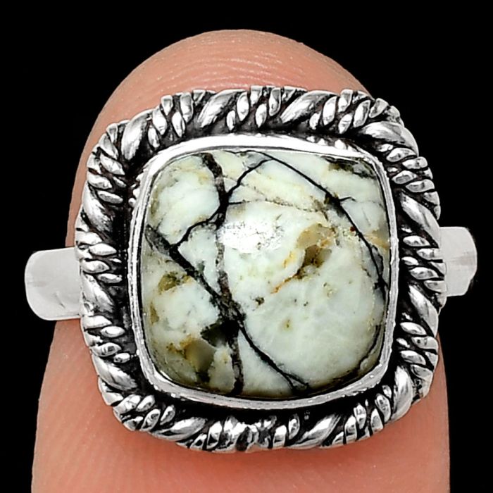 Authentic White Buffalo Turquoise Nevada Ring size-7 EXR02378 R-1013, 10x10 mm