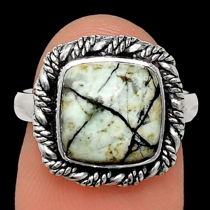 Authentic White Buffalo Turquoise Nevada Ring size-7 EXR02379 R-1013, 10x10 mm