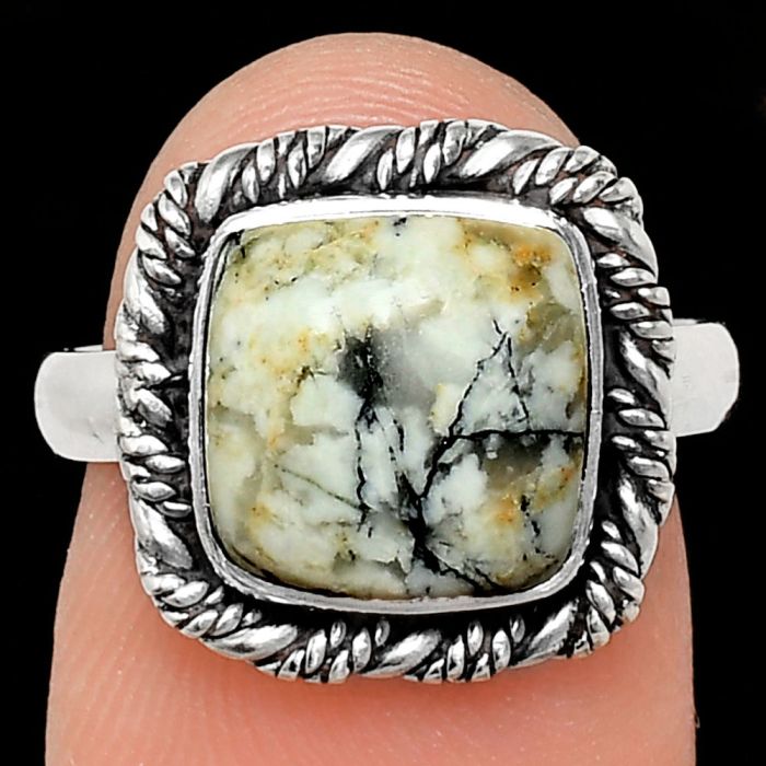 Authentic White Buffalo Turquoise Nevada Ring size-7 EXR02380 R-1013, 10x10 mm