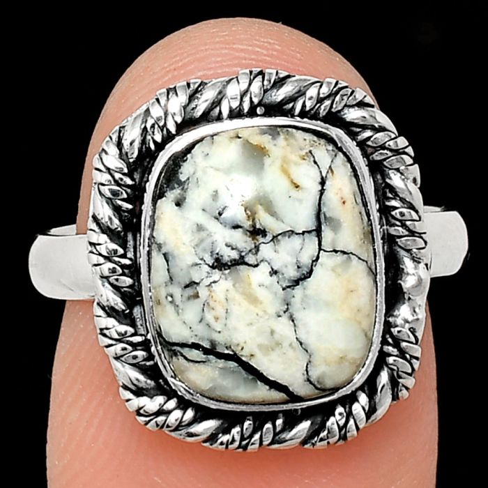 Authentic White Buffalo Turquoise Nevada Ring size-8 EXR02382 R-1013, 10x12 mm