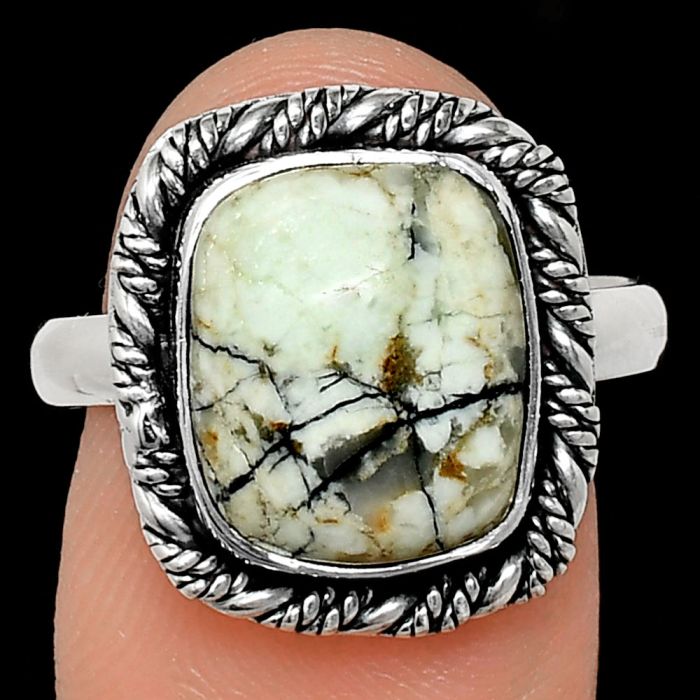 Authentic White Buffalo Turquoise Nevada Ring size-9 EXR02386 R-1013, 10x12 mm