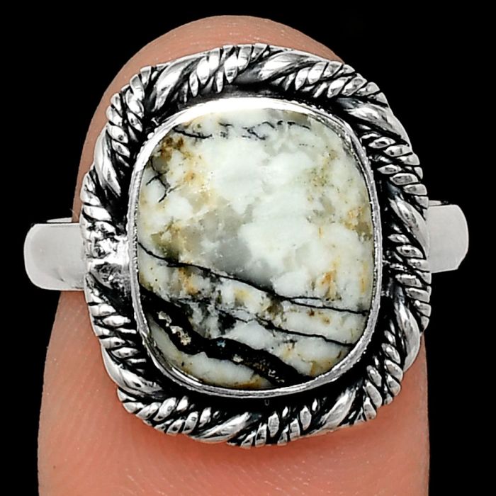 Authentic White Buffalo Turquoise Nevada Ring size-8 EXR02388 R-1013, 10x12 mm