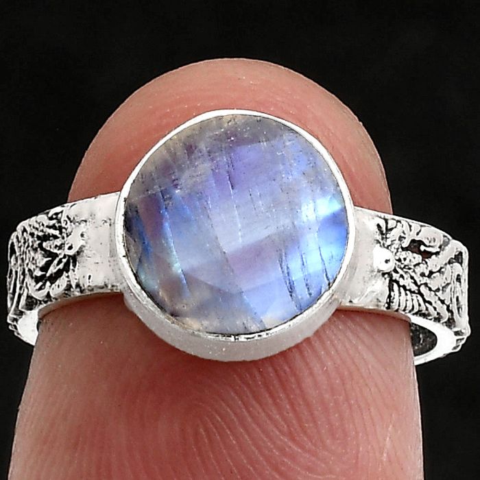 Faceted Rainbow Moonstone Ring size-6 EXR02680 R-1055, 9x9 mm