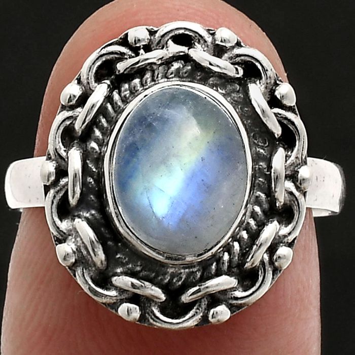 Rainbow Moonstone Ring size-7 EXR02915 R-1667, 7x9 mm