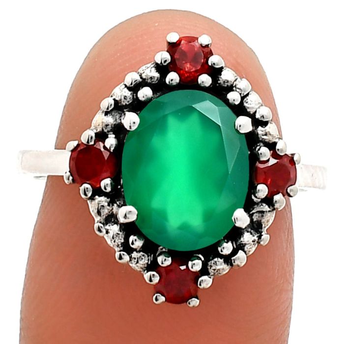 Green Onyx and Garnet Ring size-7 EXR03956 R-1017, 8x10 mm