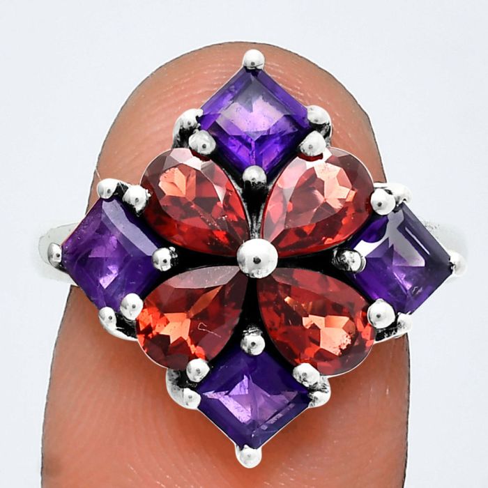 Hessonite Garnet and African Amethyst Ring size-7 EXR04300 R-1021, 6x4 mm