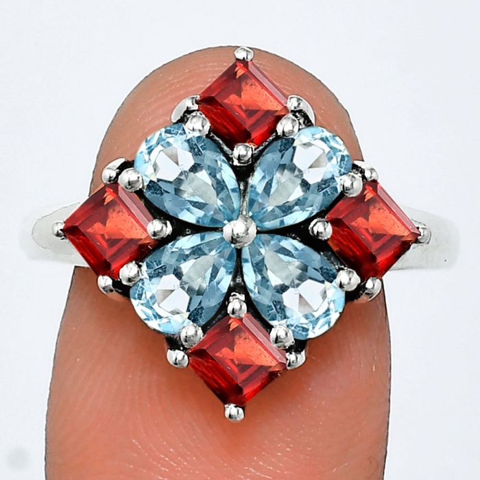 Sky Blue Topaz and Garnet Ring size-8 EXR04320 R-1021, 6x4 mm